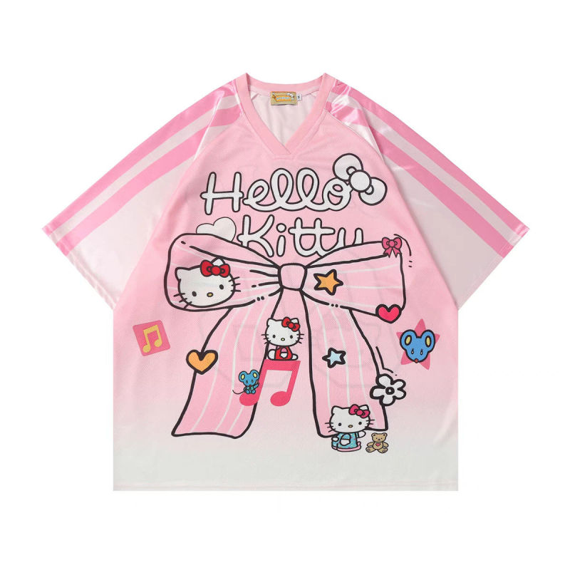 American Retro Cartoon Hellokitty Jersey Short-Sleeved T-Shirt for Men and Women in Summer Loose Spliced V-Neck Casual Top