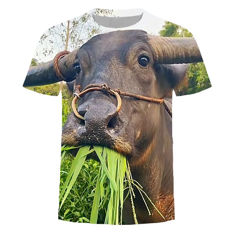 2025 Summer Funny Eye-Catching Trendy Prank New Style Cow Eating Grass Pattern 3D Printed Crew Neck Short Sleeve T-Shirt