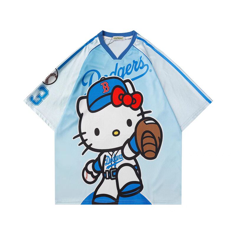 American-Style Cute Cartoon Hello Kitty Jersey Short-Sleeve T-Shirt, Unisex, Loose Fit, V-Neck, Street Style Trend