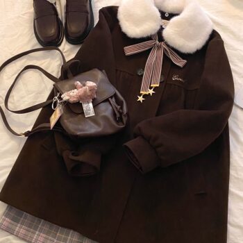 夏日和风铃  永恒星甜美可爱日系学院风粉色棕色可拆毛领呢子大衣