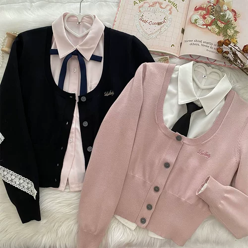 Японская корейская приталенная студенческая юбка в складку, корсет, кардиган, комплект