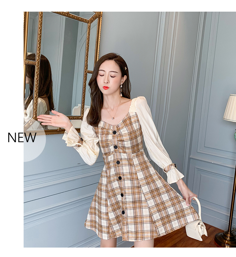 VK旗艦店 韓國風名媛格紋撞色拼接荷葉邊長袖洋裝