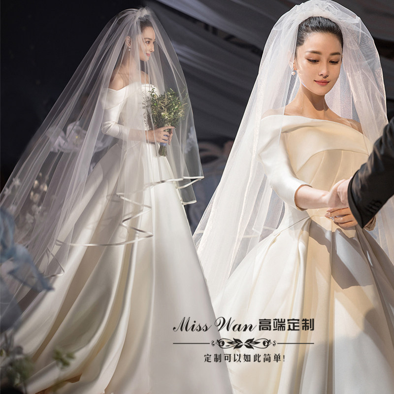 2022 new one-shoulder satin long tailed Zhang Xinyu the same forest style dream Hepburn style mid-sleeve wedding dress
