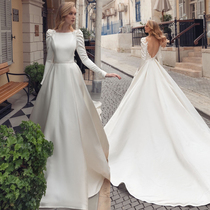 2021 spring new slotted shoulder long sleeve big halter bridal wedding ceremony main wedding dress vintage satin custom