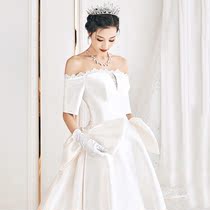 2021 new one-shoulder satin wedding dress trailing princess fantasy Korean bride main lace retro ceremony wedding dress
