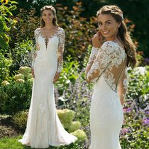 2021 new word shoulder long sleeve lace high-end custom thin luxury long tail bridal ceremony wedding dress