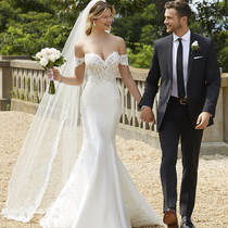 One-shouldered fishtail wedding dress Bridal small tail slim retro satin lace custom bridal ceremony wedding dress