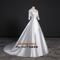 2021 new wedding dress tail tail custom high-end halter white lace satin wedding dress word shoulder sleeve wedding dress
