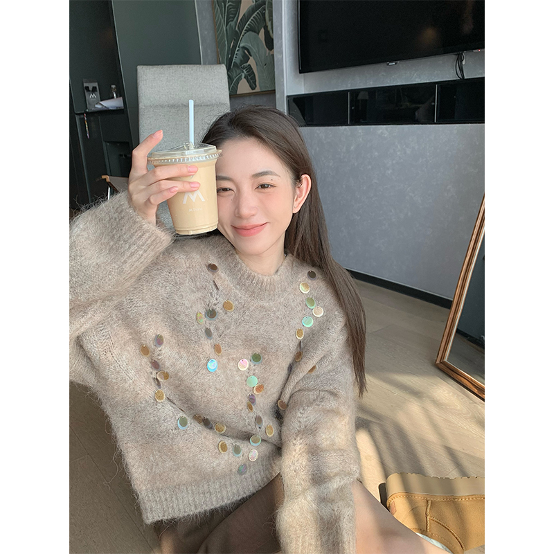 Ingcon Lazy Style Sweater for Women Spring 2026 Short Loose Design Alpaca Wool Pullover Sequin Knitwear