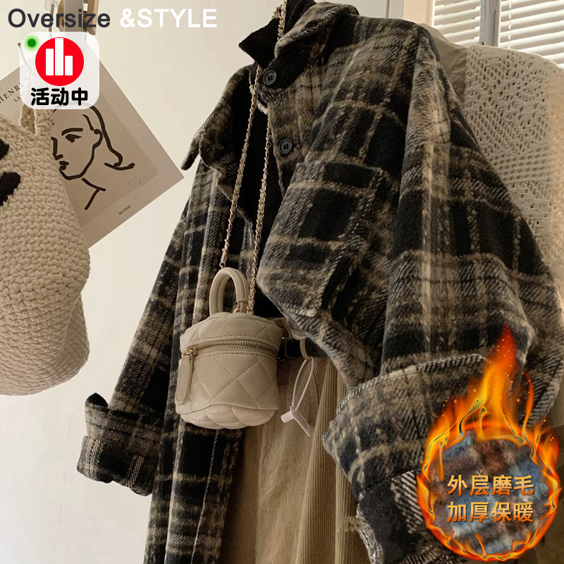 Plus-Size Thickened Woolen Plaid Shirt for Women 2026 Spring and Autumn Lazy Style Loose Slimming Mid-Length Layered Casual Jacket