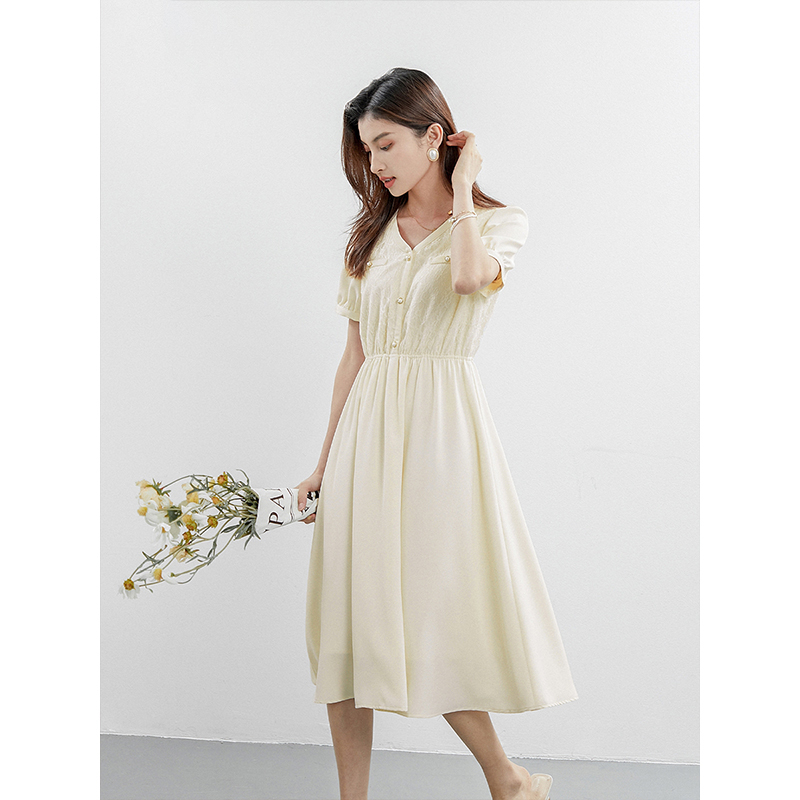 Lacquer quantity One cut small subthin section Almond Color V Collar Lace splicing short sleeves Single row Buttons Foreign Dress Women Summer 0571