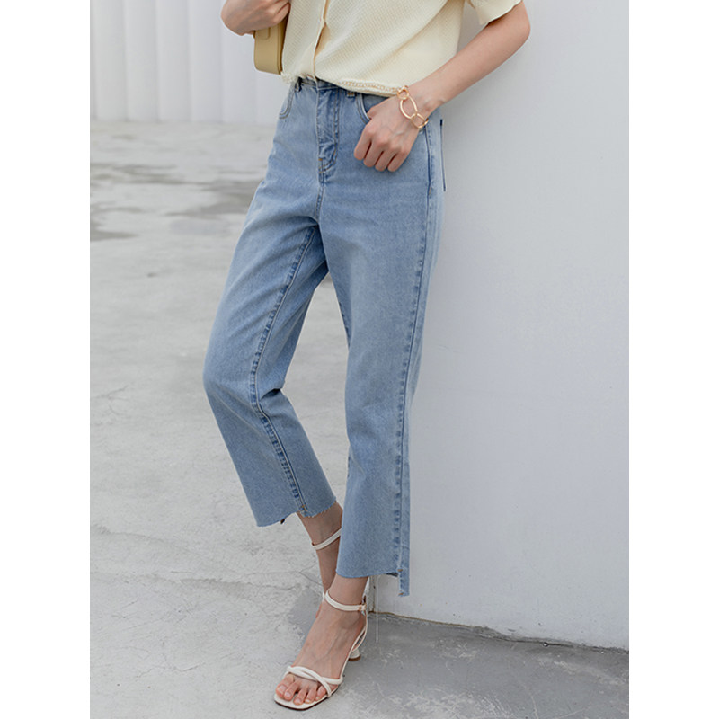Lacquered with a cut of a small pair of jeans Women's summer slim fit blue irregular pants pedicure 90% pants 359-2