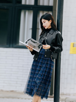 Seven volume a cut small man 2021 new plaid blue Joker long mesh skirt skirt women autumn 549