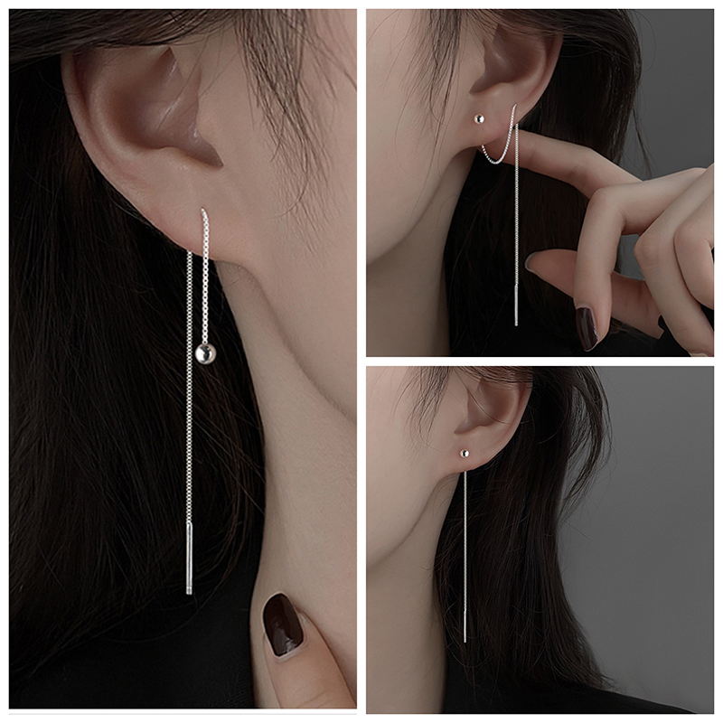 Double-ear-hole ear-pin-ear necklace with female pure silver-raised earrings for long version earrings single round Pearl round face Lean High Level Sensual Accessories