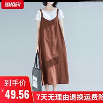 Plain cotton linen womens suspenders dress women spring and summer 2020 New loose size Korean version of long