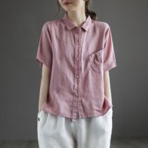 Art Retro Vegetarian cotton linen Flagship Short Sleeve Shirt Woman 2022 Summer Lady Thin Loose Collar Blouse Women