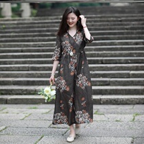 Plain cotton linen women original literary vintage print dress female 2020 Summer new Half sleeve retro