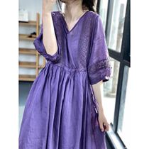 Clear Barn Pick Up Drain ~ Vegetarian Dress Brand Foreign Trade Cut female 70% sleeves cotton linen V neck dressing gown skyline dress