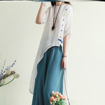 Plain cotton and hemp womens clothing original retro literary T-shirt summer loose medium-long linen shirt plate buckle coat woman