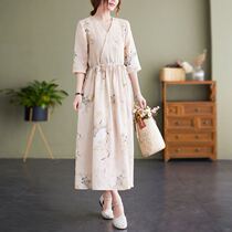 Vegetarian flagship ethnic wind retro cotton linen 50% sleeves Dress Woman Summer Thin style Thin Temperament Big Swing Long Skirt