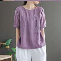 Plain cotton and hemp womens literary retro embroidery round neck T-shirt womens summer new large loose top womens