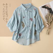Vegetarian Cotton Linen Dress Shirt Woman Summer 70% Sleeves Heavy Work Embroidery 2022 New Loose Art Sleeve Lady