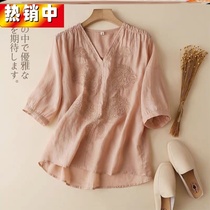 Plain cotton and Hemp womens original t-shirt womens summer new five-point sleeve thin section Western style embroidery loose V-neck base shirt