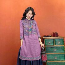Vegetarian-ordered cotton linen national windy dress with long style 2021 spring and summer embroidery upright collar tray buckled tea suit