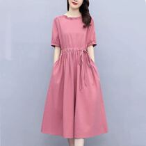 Vegetarian Ordering Cotton Linen Woman Dress Dress Dress Woman 2021 Summer new Korean version of womens dress Slim Medium Long a dress