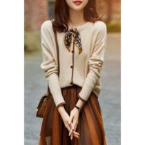 Plain womens knitted sweater 2022 autumn and winter new sweater design sense neckline silk scarf drop shoulder sleeve cardigan fashion temperament