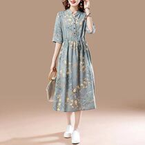 Vegetarian dress small sub slim fit cotton linen dress womens summer new loose large size slim fit slim waist mid-length dress