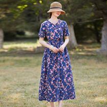 2022 Vegetarian Flagship Summer Dress Literary collar cotton linen Short sleeves Dress Loose thin lace Lace Crushed with long dresses