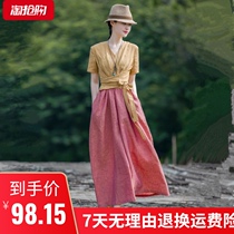 2021 summer dress literary plain order imitation cotton linen dress Plaid V collar waist long dress dress