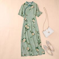 Vegetarian Flagship Store Womens Wear Yu Single Cut Mark Retro Disc Buckle Printed Short Sleeves Dress Slim Fit Slim Cotton Linen Dress