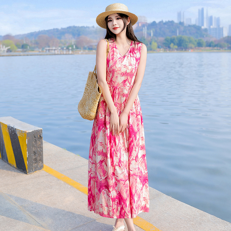 New French-Style Cotton Silk Dress for Women, Summer Sleeveless Tank Dress, High-End Solid Color Seaside Vacation Beach Long Dress
