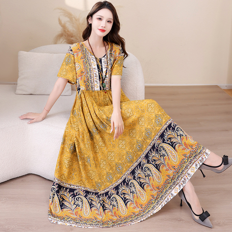 Ethnic Style Bohemian Beach Dress V Neck Dress Long Skirt Cotton Silk Printed High Waist Seaside Vacation Floral Skirt