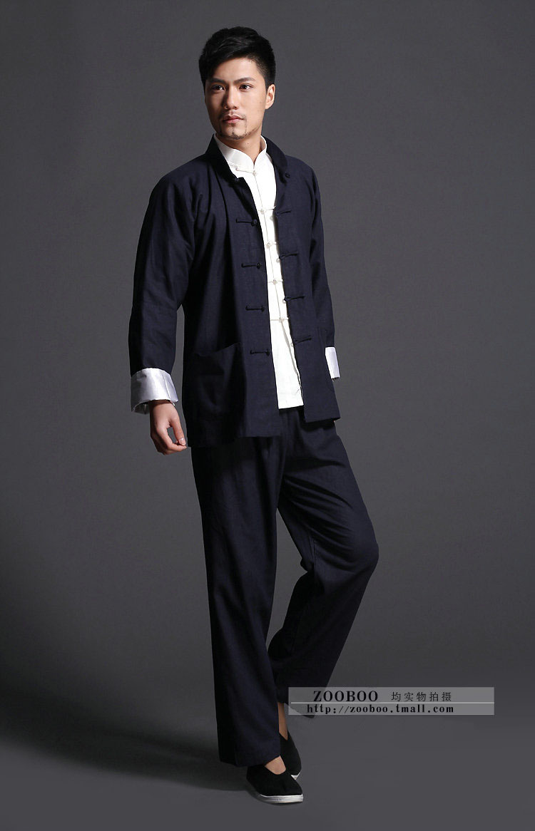 Li Xiaolong Tang phù hợp với trang phục mùa xuân cổ điển cotton và vải lanh dài tay quốc phục Kung Fu cardigan 2 màu thành bộ đồ truyền thống