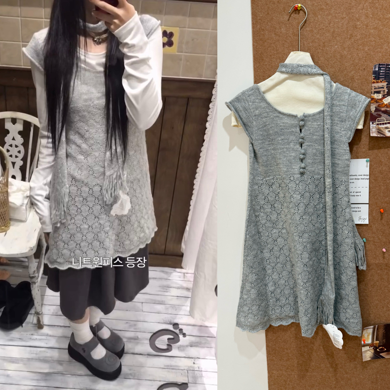 Korean Niche Hugyour*N Same Style Reversible Hollow-Out Knit High-Elastic Short-Sleeve Sweater Dress + Scarf Korean Niche Hugyour*N Same Style Reversible Hollow-Out Knit High-Elastic Short-Sleeve Sweater Dress + Scarf