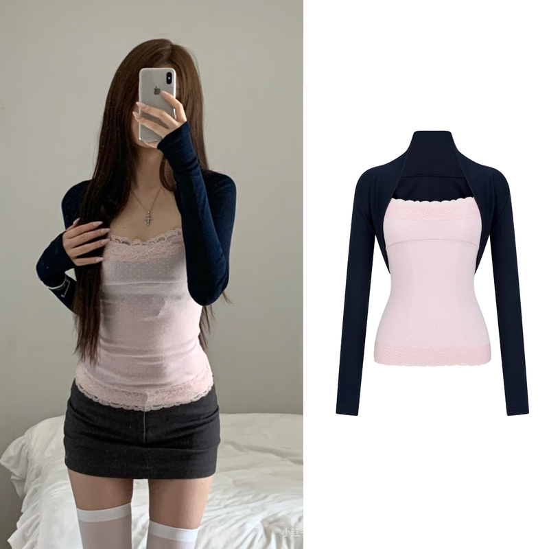 Zanne's Same Style Korean Design Lace Trim Color-Blocked Camisole Two-Piece Set with Long Sleeves and a Relaxed Fit Top Zanne's Same Style Korean Design Lace Trim Color-Blocked Camisole Two-Piece Set with Long Sleeves and a Relaxed Fit Top