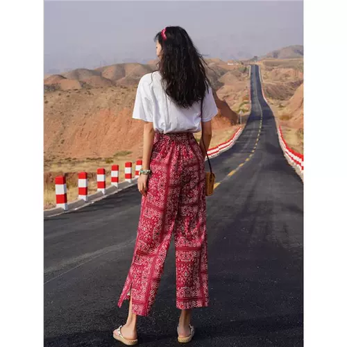 Этнические штаны, этнический стиль, цветочный принт, высокая талия, свободный прямой крой