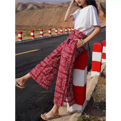 Этнические штаны, этнический стиль, цветочный принт, высокая талия, свободный прямой крой