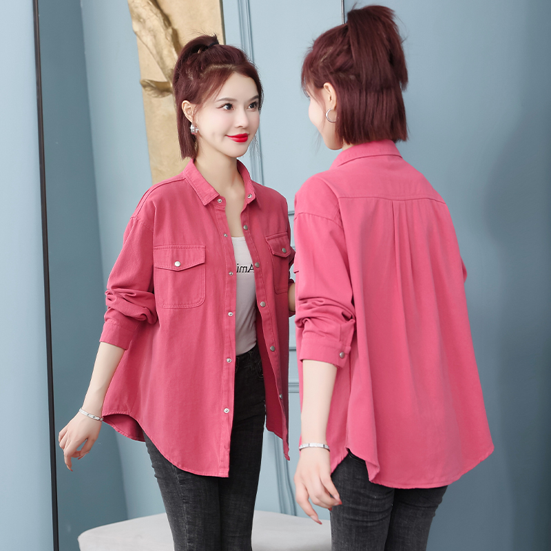 Mid-Length Shirt Jacket, Age-Reducing, Loose Fit, Spring and Autumn Denim, Korean Style, Red, Rose Color, 2026 Women's