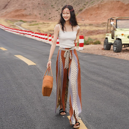 Этнические пляжные штаны для отдыха, этнический стиль, высокая талия, стиль бохо