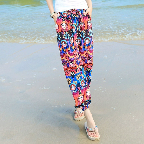 Пляжные весенние летние штаны, этнический фонарь, стиль бохо, свободный крой, этнический стиль, большой размер