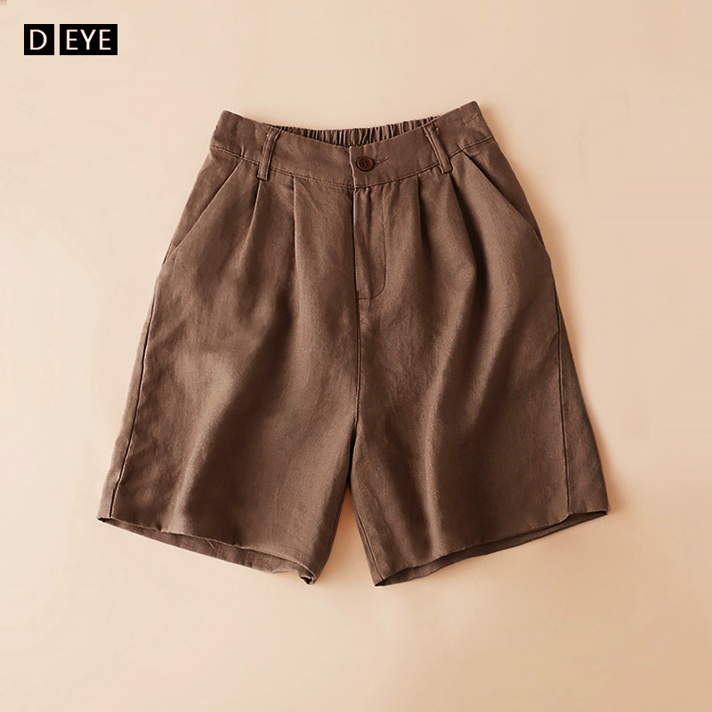 Linen shorts women's 2022 summer sports and leisure thin cotton and linen 5-point five-point pants linen brown coffee color five-point pants