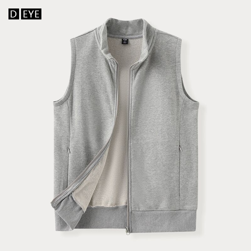 Pure Cotton Vest for Women, Spring and Autumn Casual Stand-Up Collar Outerwear, Sleeveless Sweatshirt Vest, Gray Top, Stand-Up Collar Cardigan Jacket