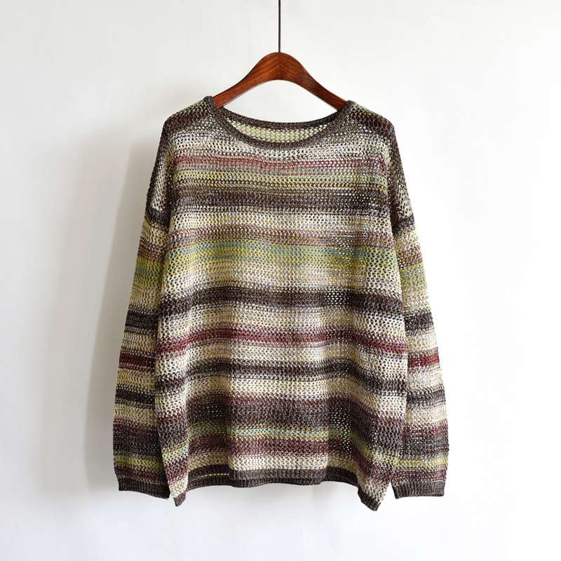 2026 Early Autumn Hollow-Out Colorful Striped Knit Sweater for Women, Round Neck, Loose, Lazy Style, Thick Yarn Sweater, Vintage Outfit