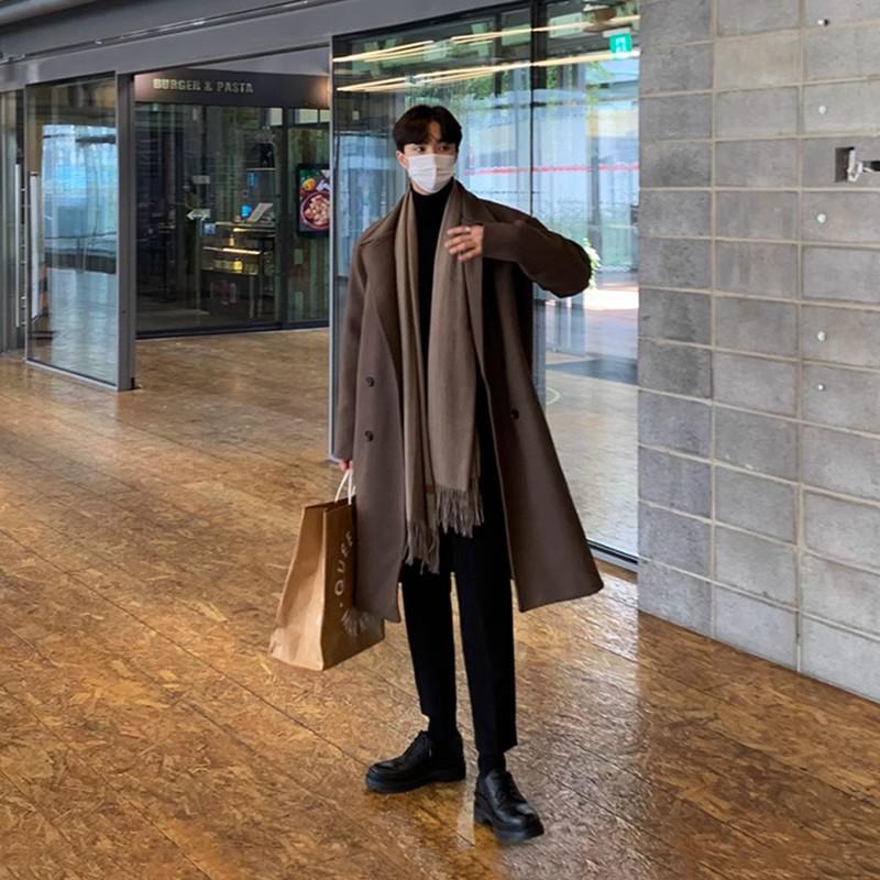 Kuraishi Kazuki's Stylish Double-Breasted Woolen Coat for Men, Autumn and Winter Korean Style Mid-Length Cashmere Trench Coat, Thickened Outerwear