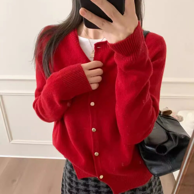 Seamless One-Piece 100% Wool Small Gold Button High-Quality Knit Cardigan, Soft and Comfortable Lazy Sweater