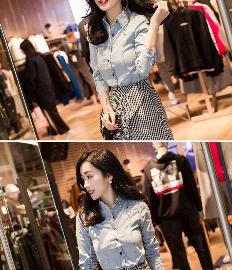 Áo sơ mi nữ denim tay dài phiên bản Hàn Quốc 2017 xuân mới cotton sơ mi denim nữ giản dị mới 2018 áo công sở đẹp